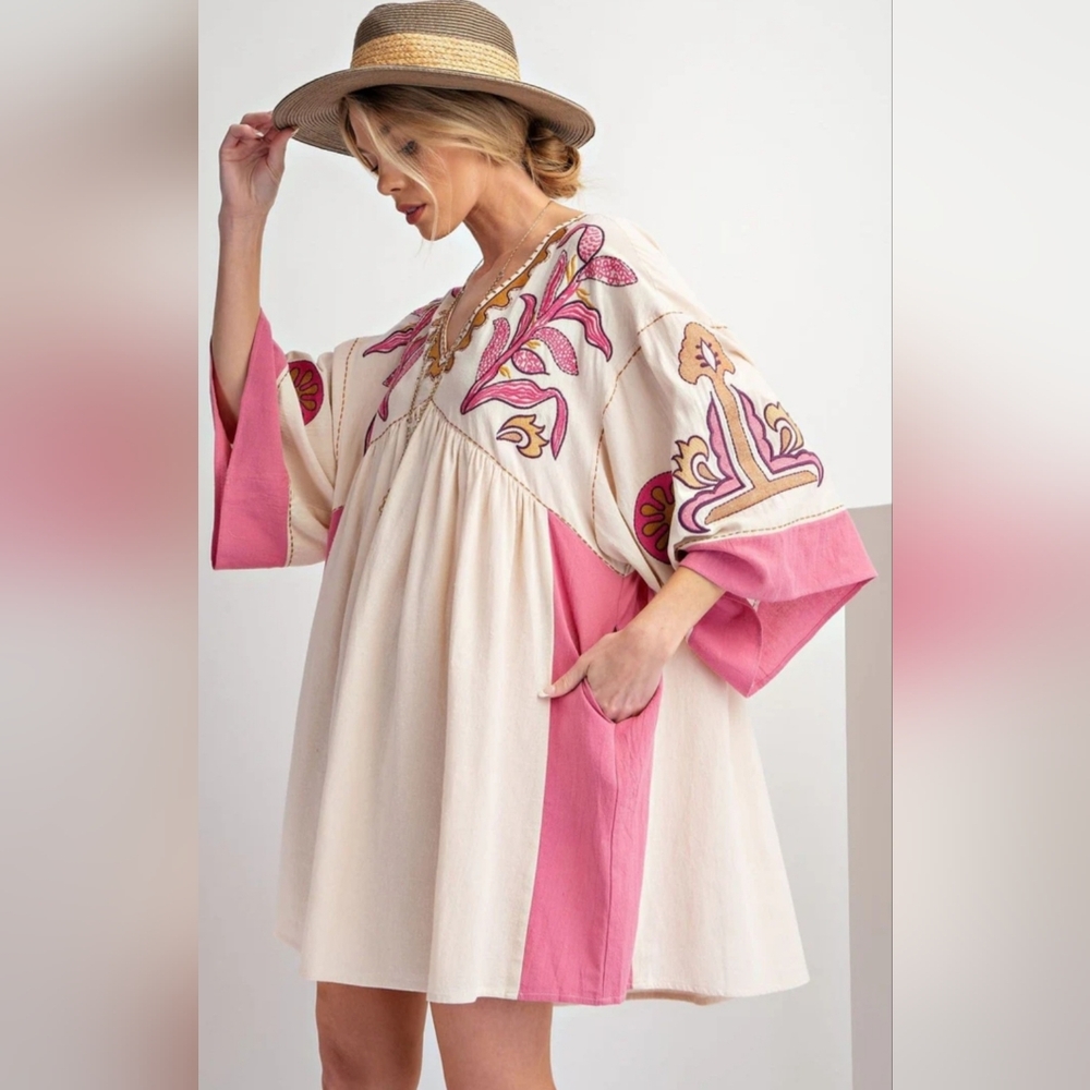 Easel Boho Embroidered Dress Woven Relaxed Pull Over Fabulous Dress
